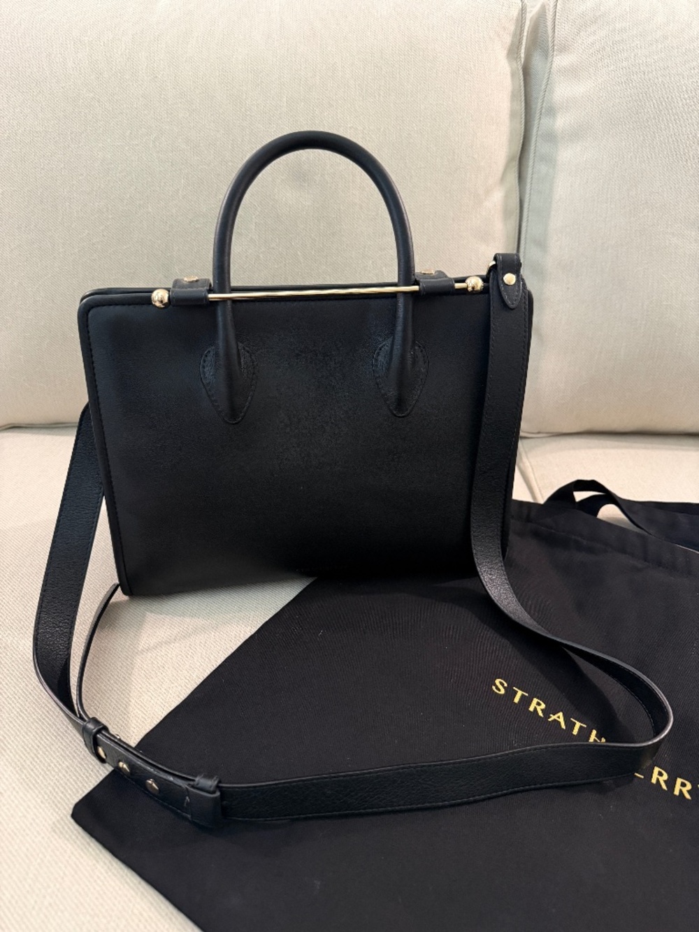 Strathberry Midi Tote in Black with gold hardware.
